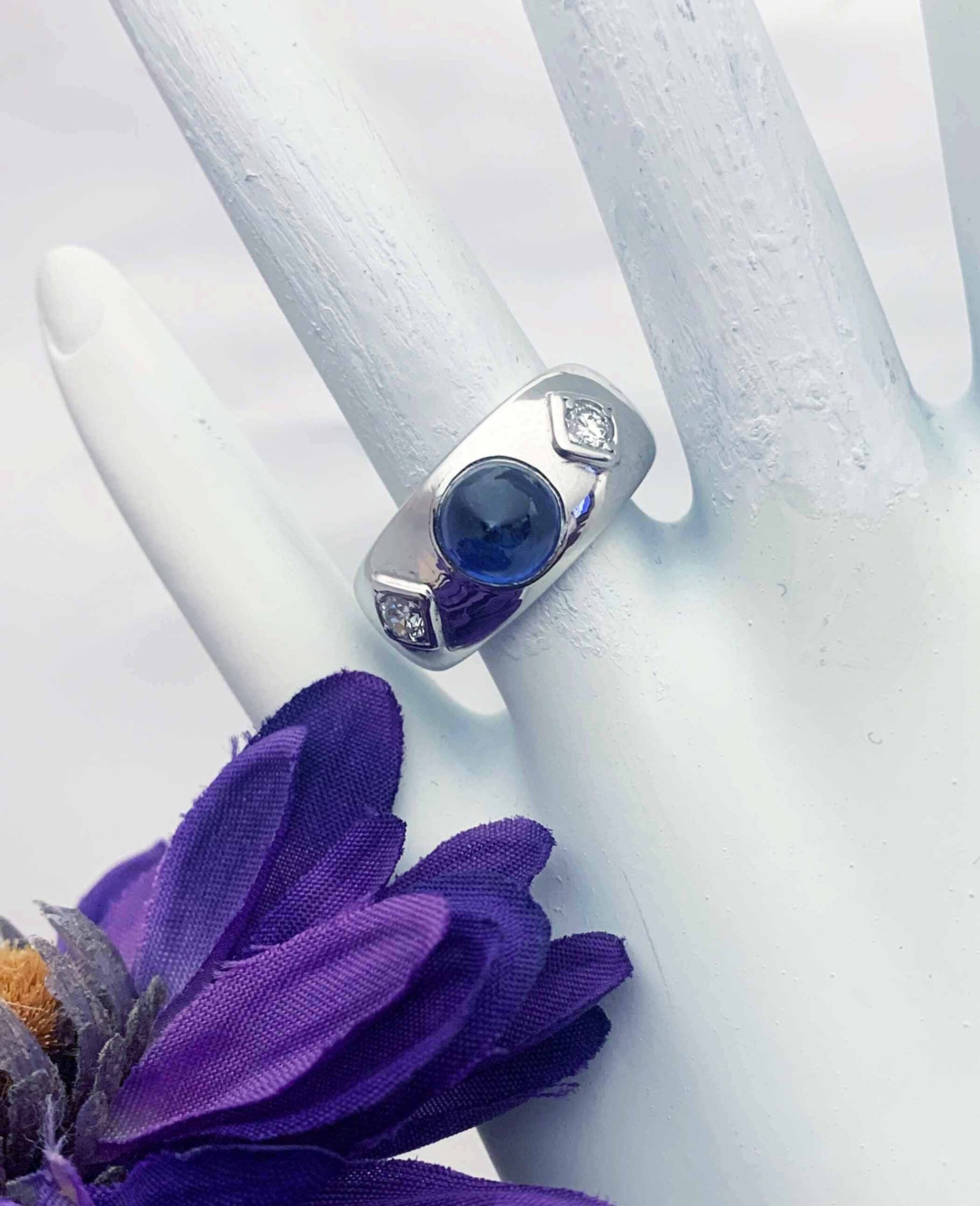 #18480 Blue Sapphire Cabochon and Diamond Ring - Image 2