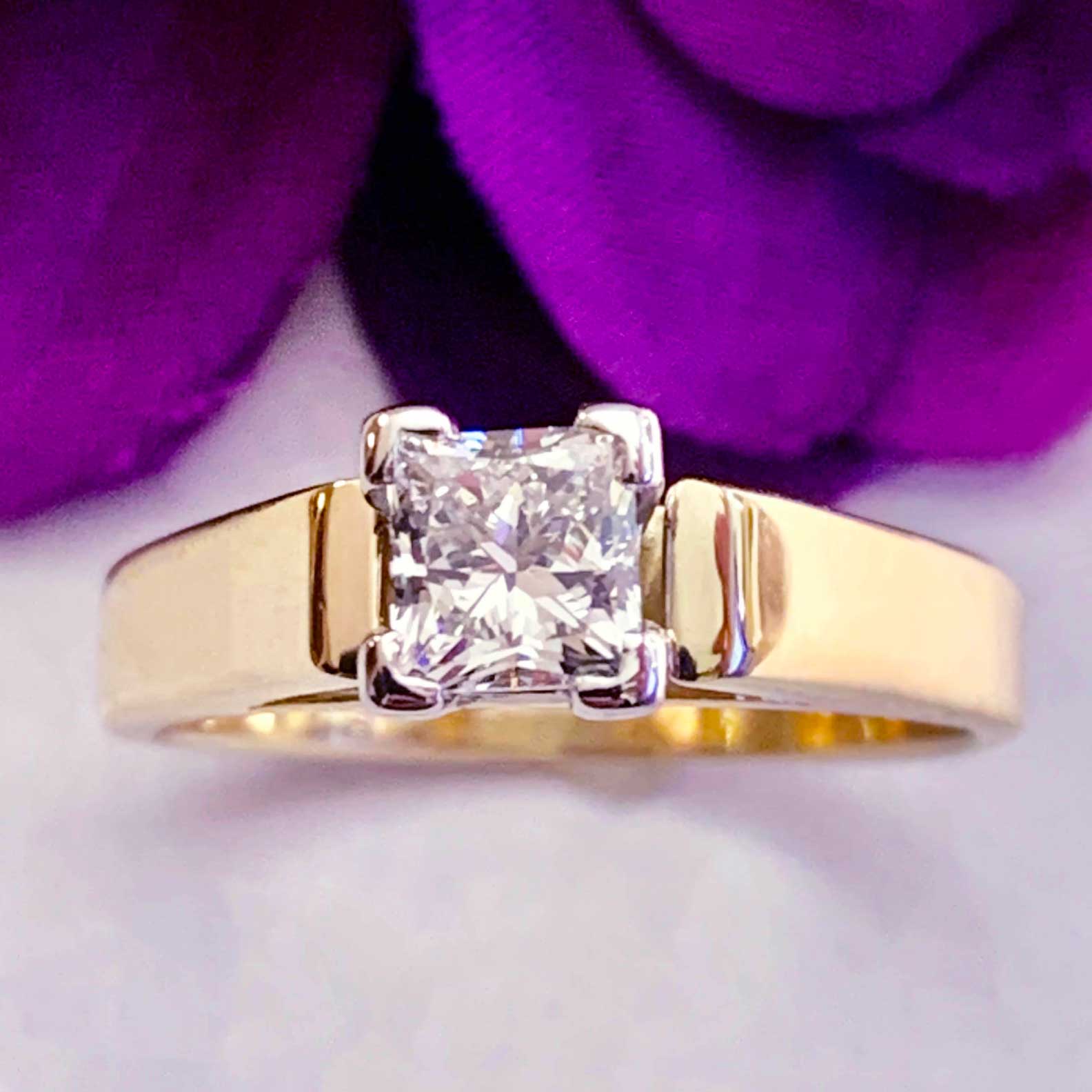 Vintage Princess Cut Solitaire Cathedral Engagement Ring in 18K yellow gold