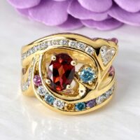 #12279 - Custom Free-Form Garnet and Diamond Ring in 14K Yellow Gold